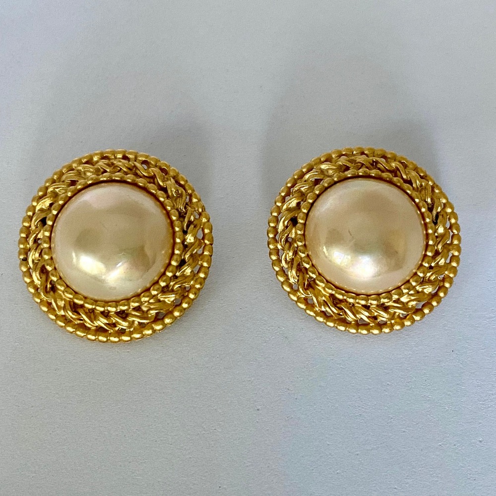 Vintage CAROLEE Signed Statement Gold Tone Rope Faux Pearl  Earrings
